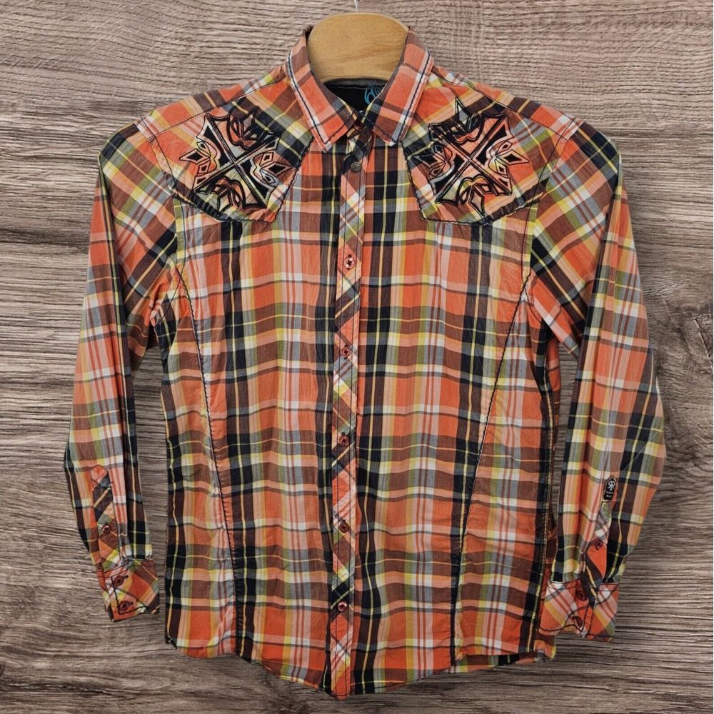 ROAR Shirt Size XL Orange Plaid SIGNATURE Western Button-Up Embroidered Cross